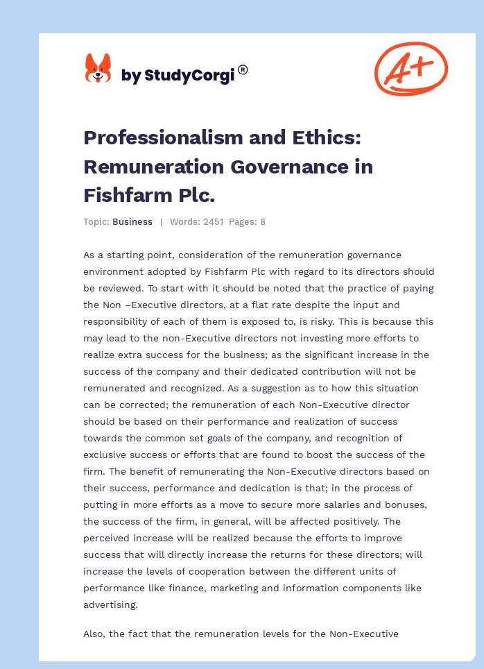 Professionalism and Ethics: Remuneration Governance in Fishfarm Plc.. Page 1