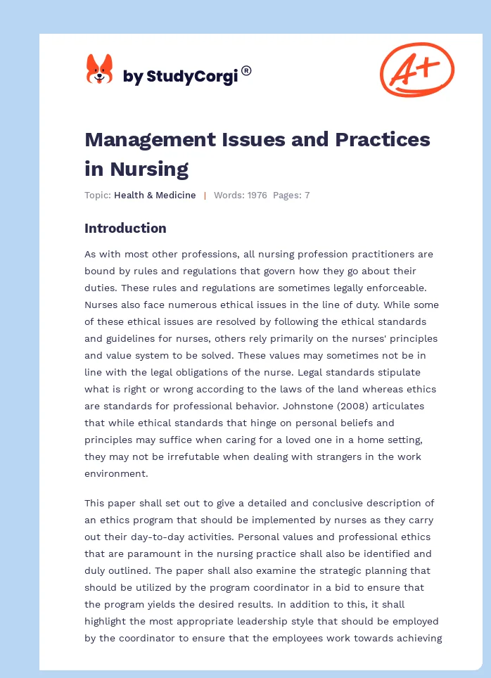 Management Issues and Practices in Nursing. Page 1