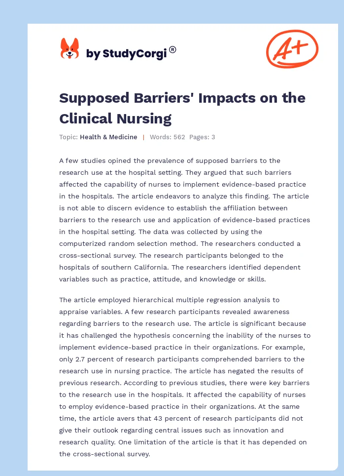 Supposed Barriers' Impacts on the Clinical Nursing. Page 1
