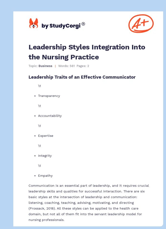 Leadership Styles Integration Into the Nursing Practice. Page 1