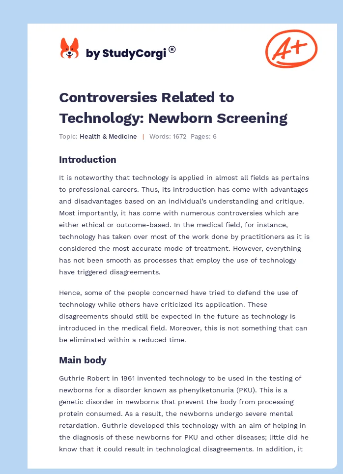 Controversies Related to Technology: Newborn Screening. Page 1