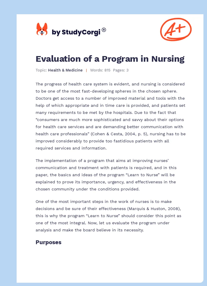 Evaluation of a Program in Nursing. Page 1