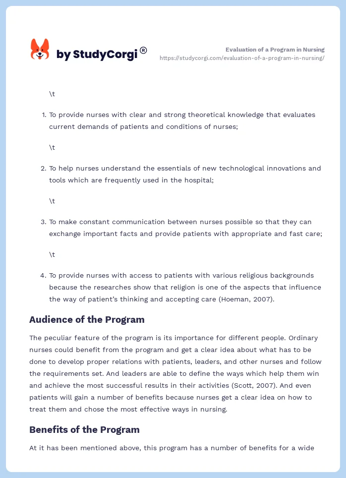 Evaluation of a Program in Nursing. Page 2