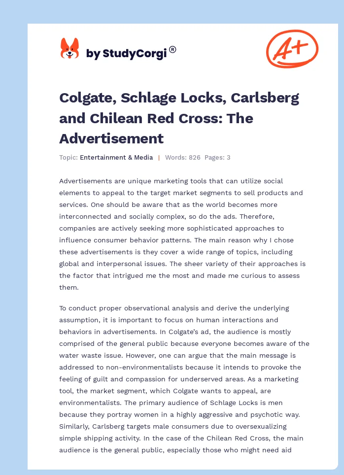 Colgate, Schlage Locks, Carlsberg and Chilean Red Cross: The Advertisement. Page 1