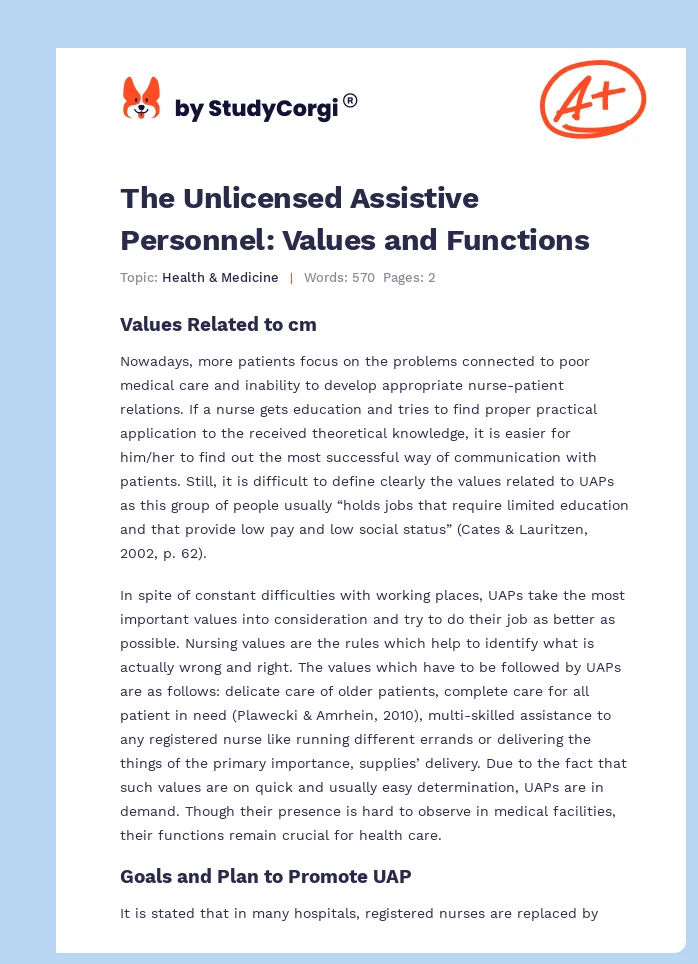 The Unlicensed Assistive Personnel: Values and Functions. Page 1