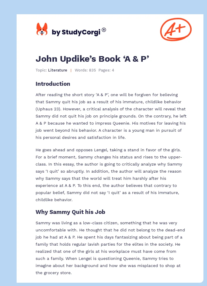John Updike’s Book ‘A & P’. Page 1