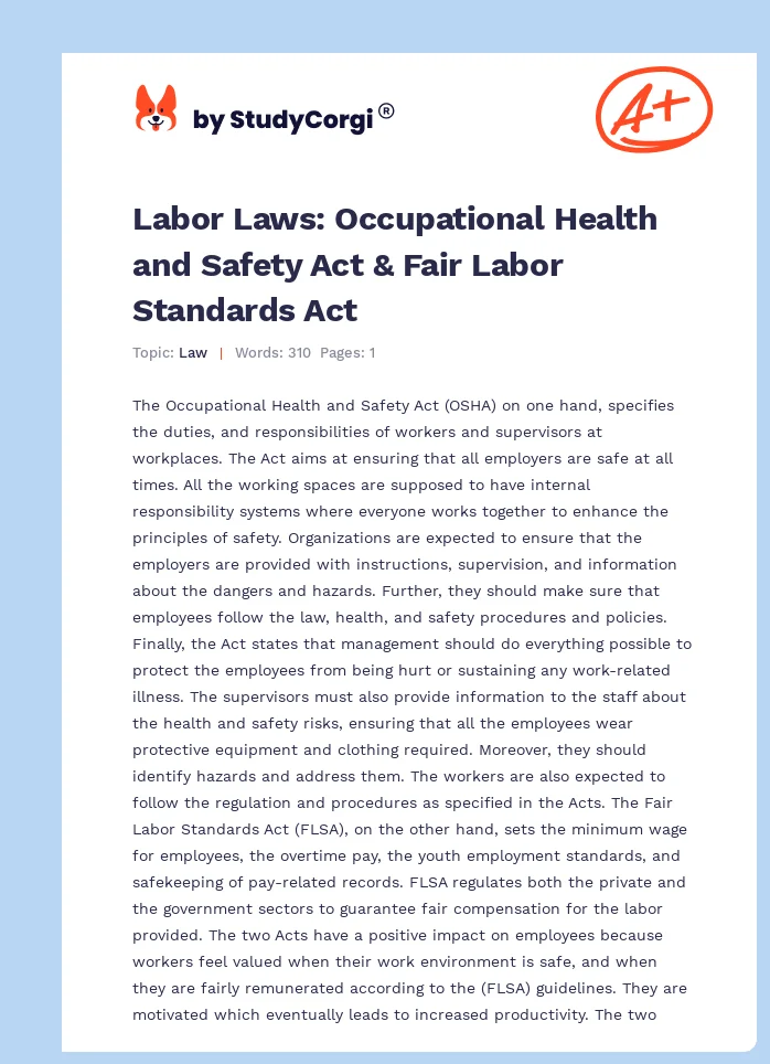 Labor Laws: Occupational Health and Safety Act & Fair Labor Standards Act. Page 1