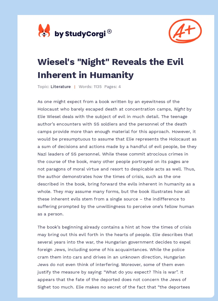 Wiesel's "Night" Reveals the Evil Inherent in Humanity. Page 1
