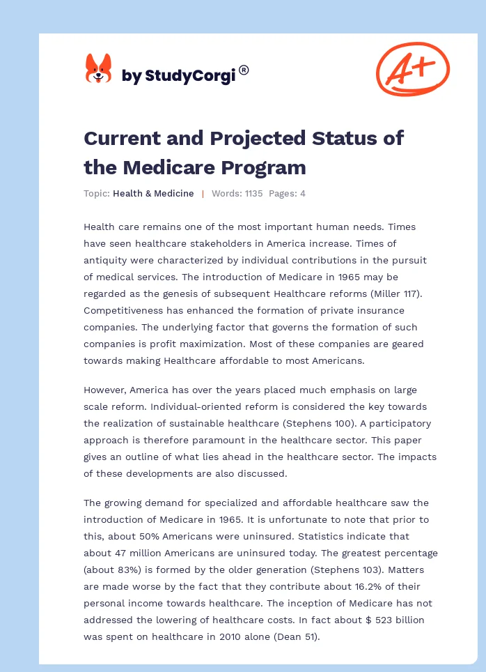 Current and Projected Status of the Medicare Program. Page 1