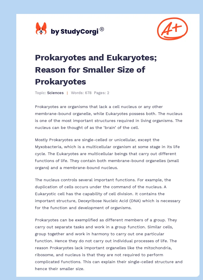 Prokaryotes and Eukaryotes; Reason for Smaller Size of Prokaryotes. Page 1
