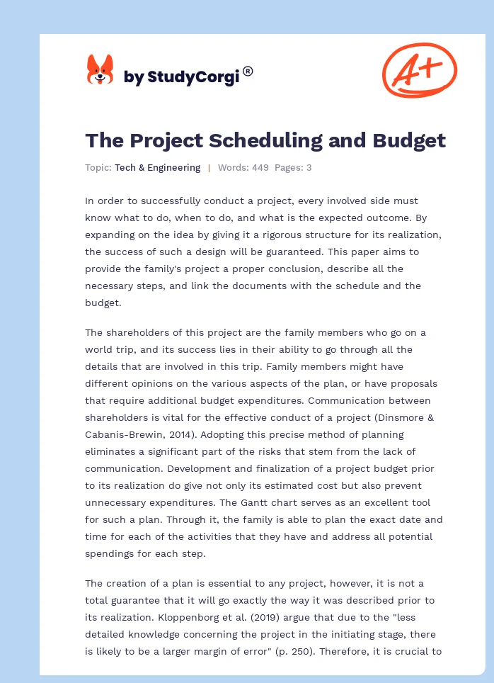The Project Scheduling and Budget. Page 1