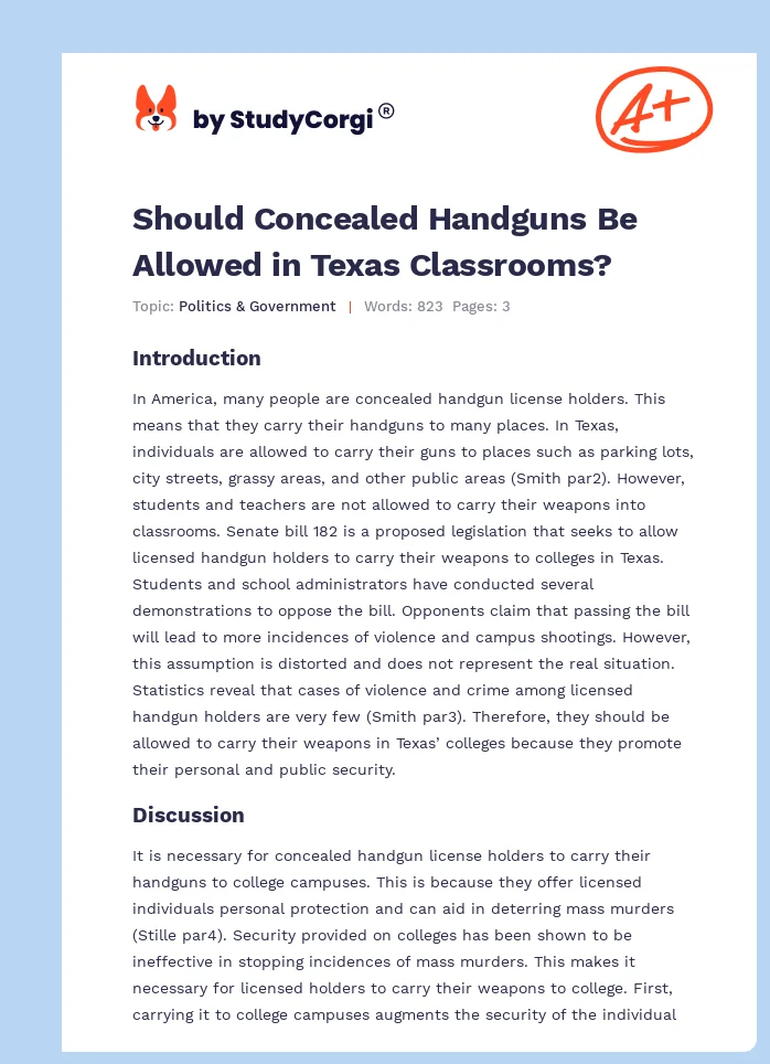 Should Concealed Handguns Be Allowed in Texas Classrooms?. Page 1