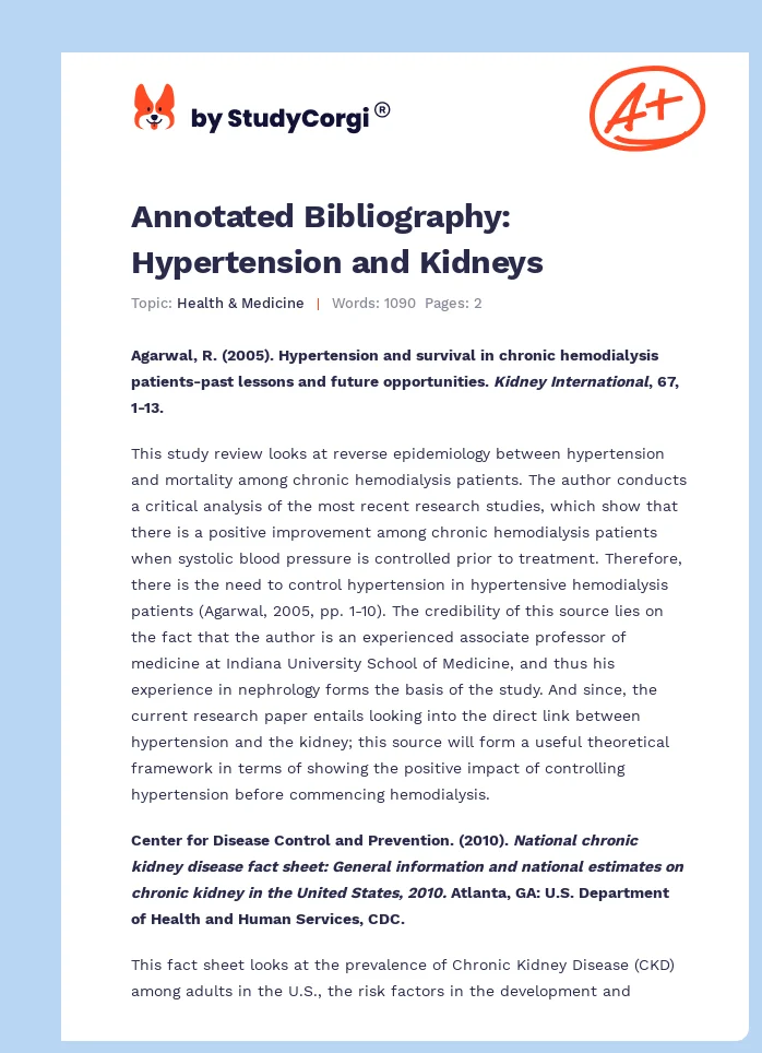 Annotated Bibliography: Hypertension and Kidneys. Page 1