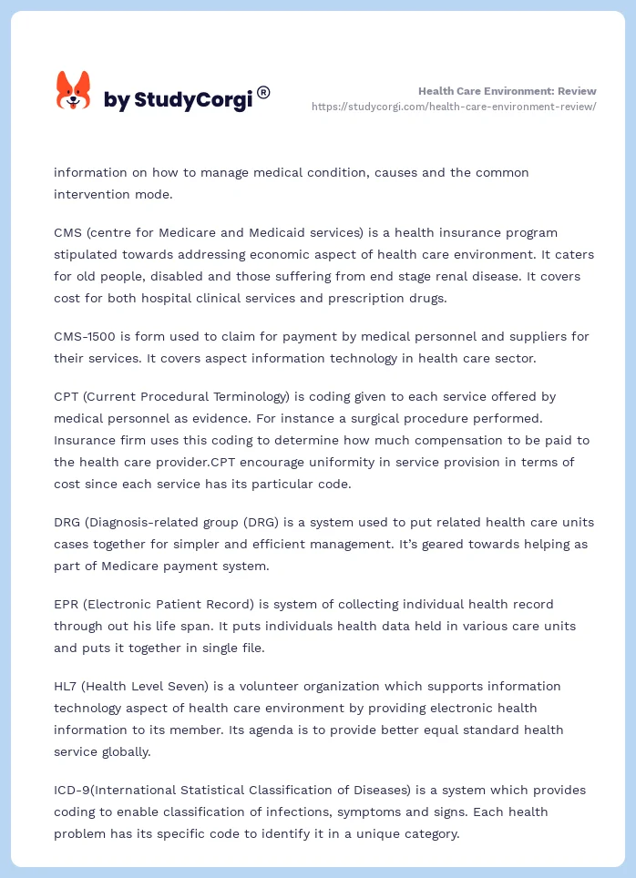 Health Care Environment: Review. Page 2
