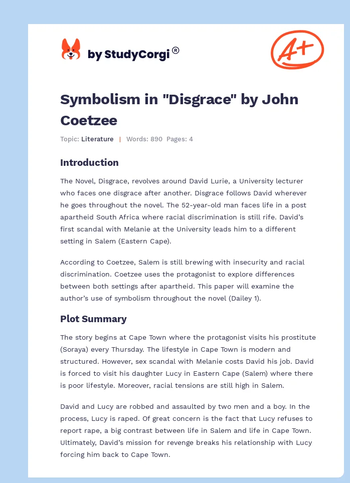 Symbolism in "Disgrace" by John Coetzee. Page 1