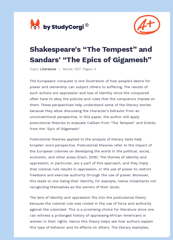 Shakespeare's “The Tempest” and Sandars' “The Epics of Gigamesh”. Page 1