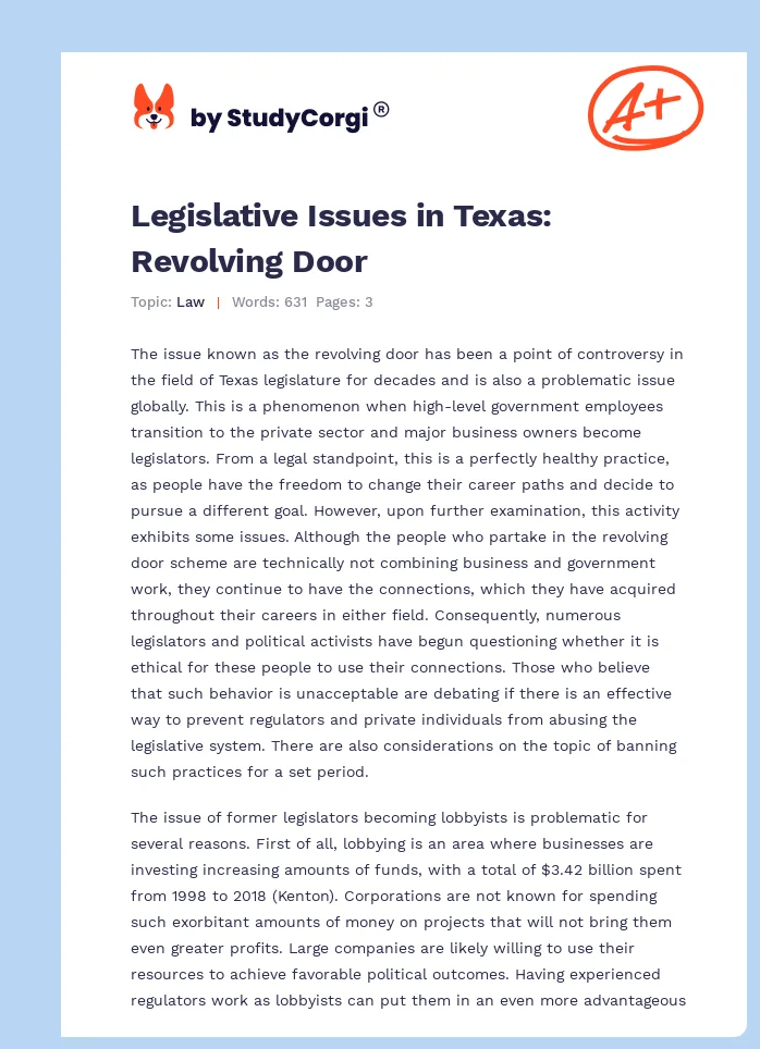 Legislative Issues in Texas: Revolving Door. Page 1