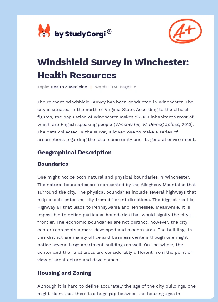 Windshield Survey in Winchester: Health Resources. Page 1