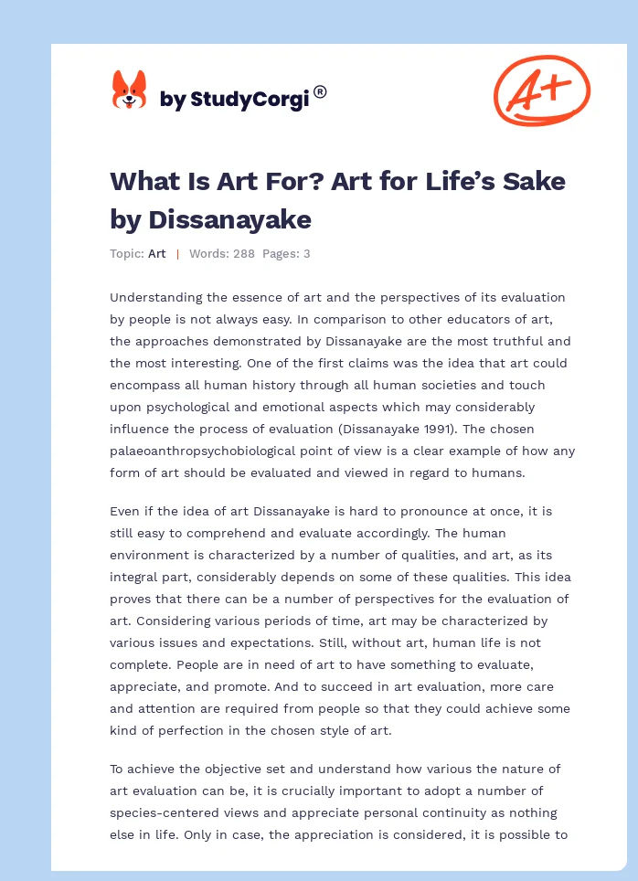 What Is Art For? Art for Life’s Sake by Dissanayake. Page 1