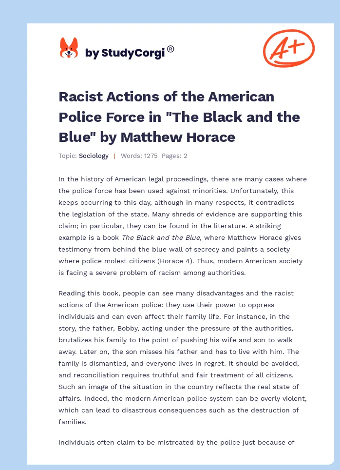 Racist Actions of the American Police Force in "The Black and the Blue" by Matthew Horace. Page 1