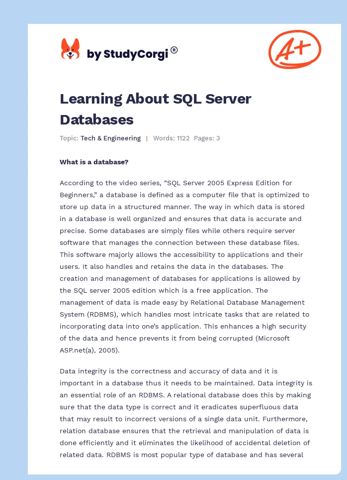 Learning About SQL Server Databases. Page 1