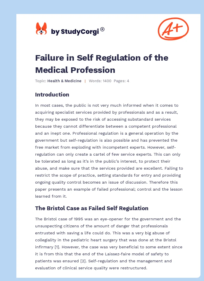 Failure in Self Regulation of the Medical Profession. Page 1