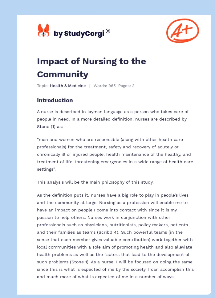 Impact of Nursing to the Community. Page 1