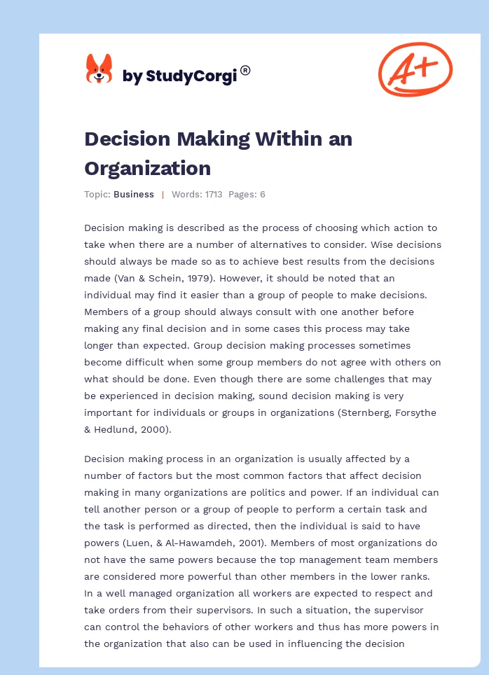 Decision Making Within an Organization. Page 1