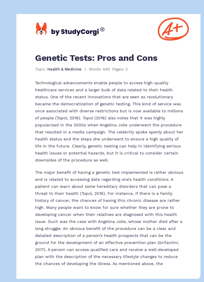 Genetic Tests: Pros and Cons. Page 1