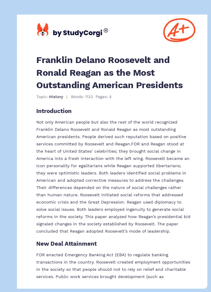 Franklin Delano Roosevelt and Ronald Reagan as the Most Outstanding American Presidents. Page 1
