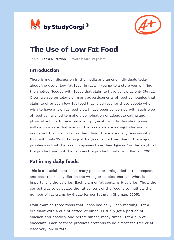 The Use of Low Fat Food. Page 1