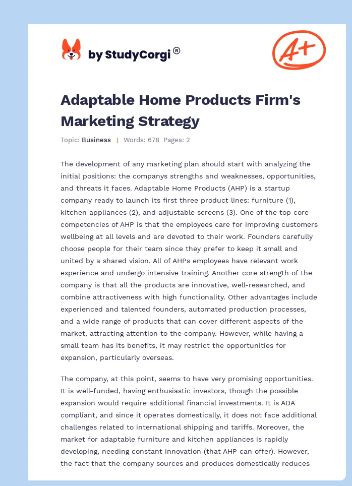 Adaptable Home Products Firm's Marketing Strategy. Page 1