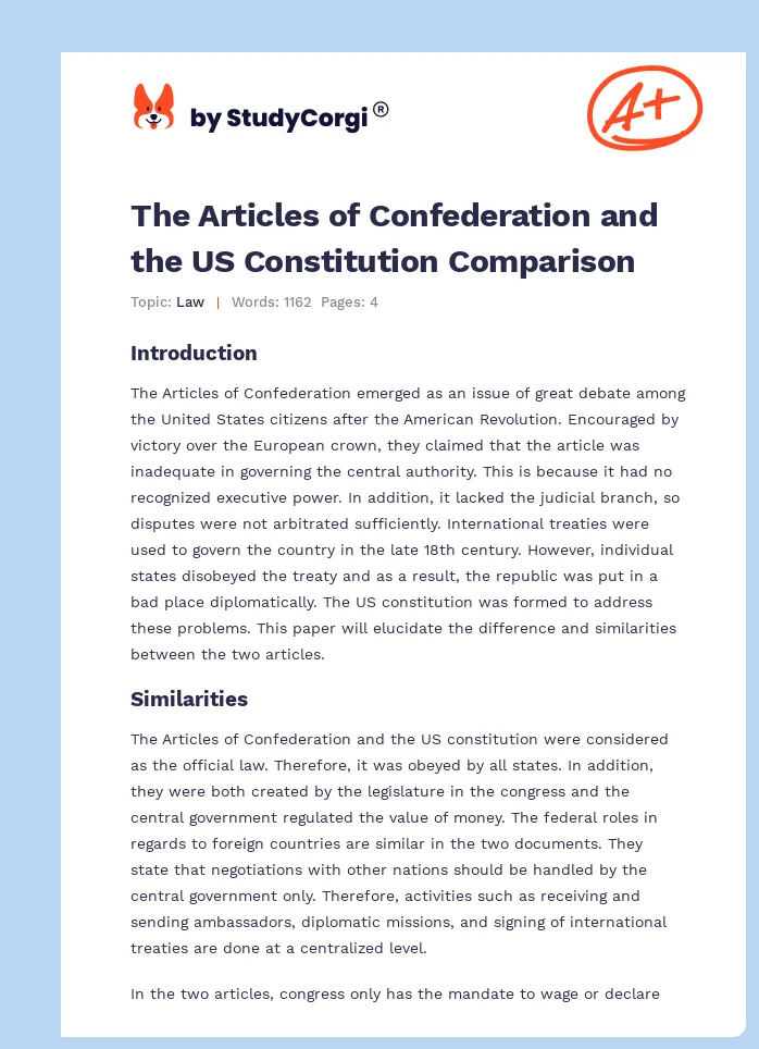 The Articles of Confederation and the US Constitution Comparison. Page 1