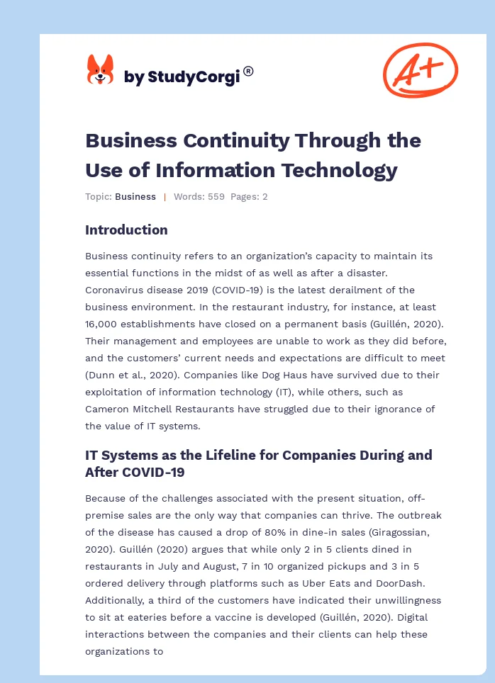 Business Continuity Through the Use of Information Technology. Page 1