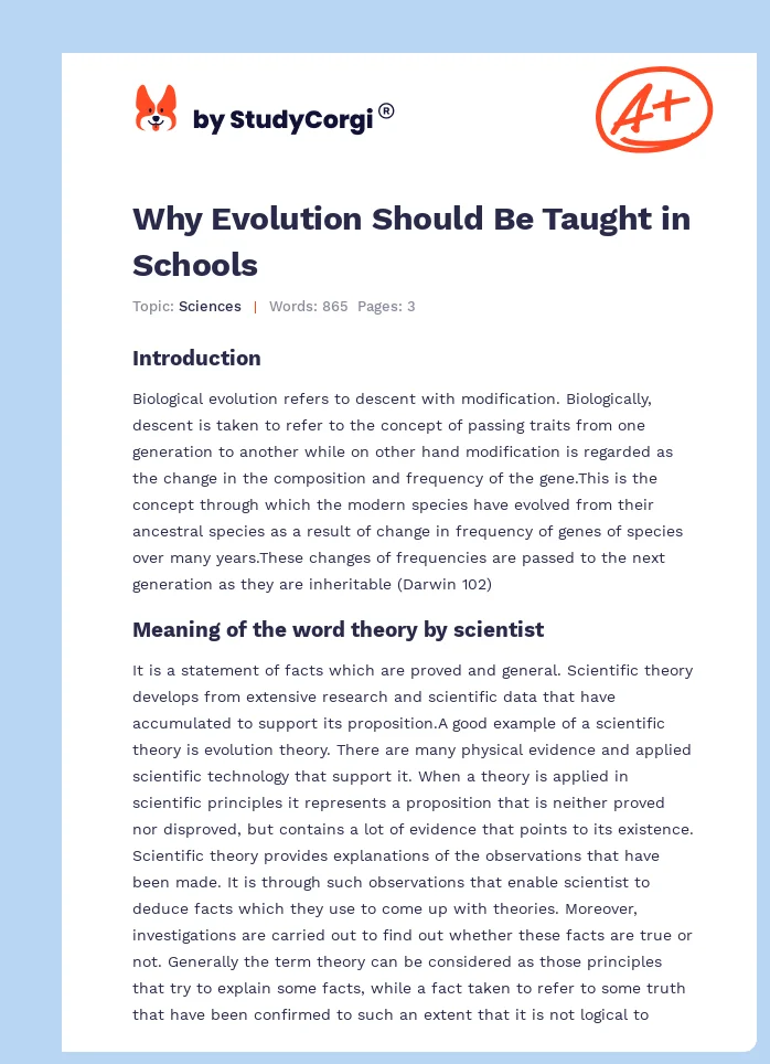 Why Evolution Should Be Taught in Schools. Page 1