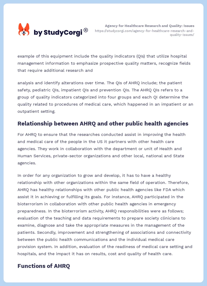 Agency for Healthcare Research and Quality: Issues. Page 2