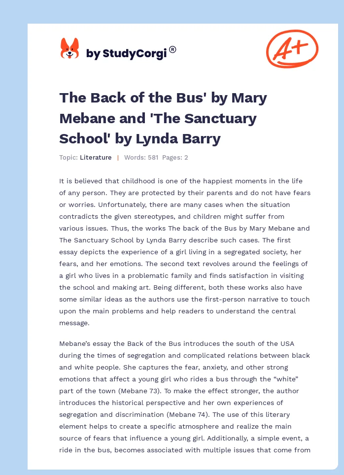 The Back of the Bus' by Mary Mebane and 'The Sanctuary School' by Lynda Barry. Page 1