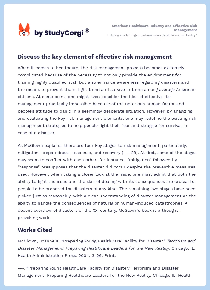 American Healthcare Industry and Effective Risk Management. Page 2