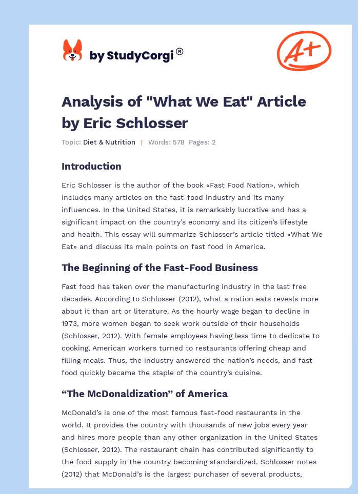 Analysis of "What We Eat" Article by Eric Schlosser. Page 1