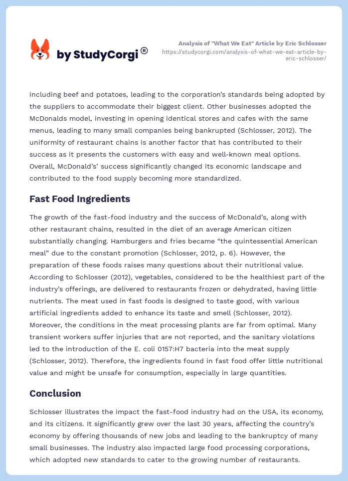 Analysis of "What We Eat" Article by Eric Schlosser. Page 2
