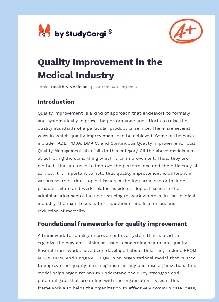 Quality Improvement in the Medical Industry. Page 1