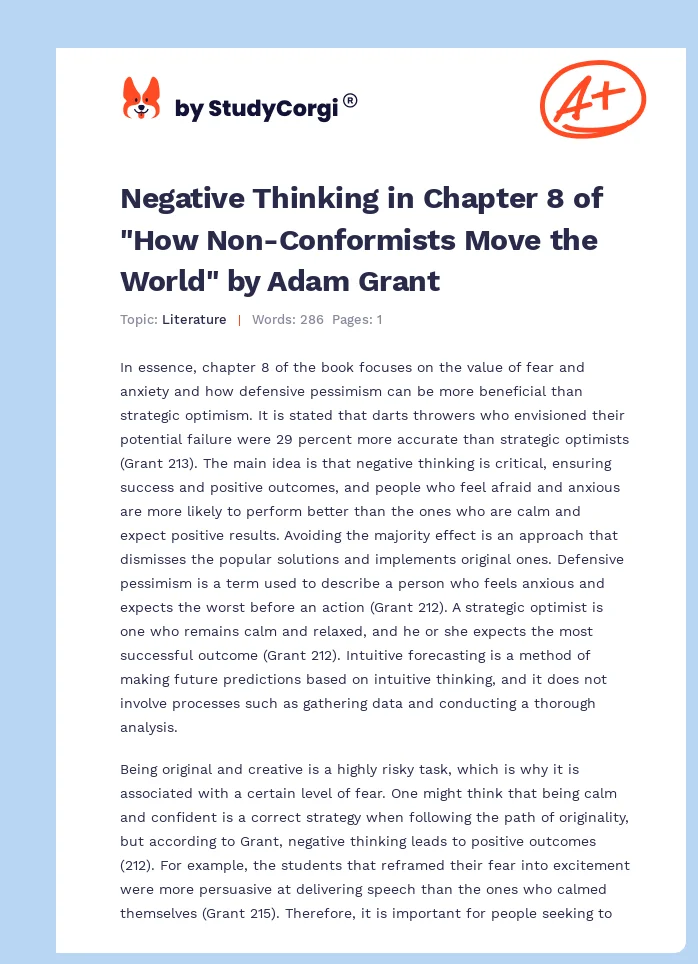 Negative Thinking in Chapter 8 of "How Non-Conformists Move the World" by Adam Grant. Page 1