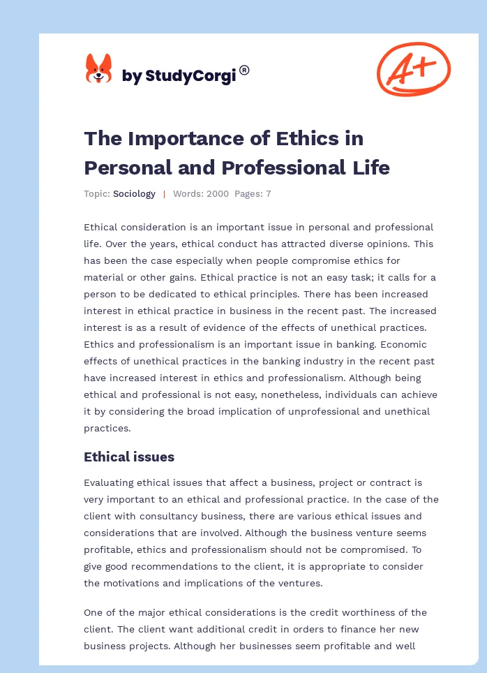 The Importance of Ethics in Personal and Professional Life. Page 1