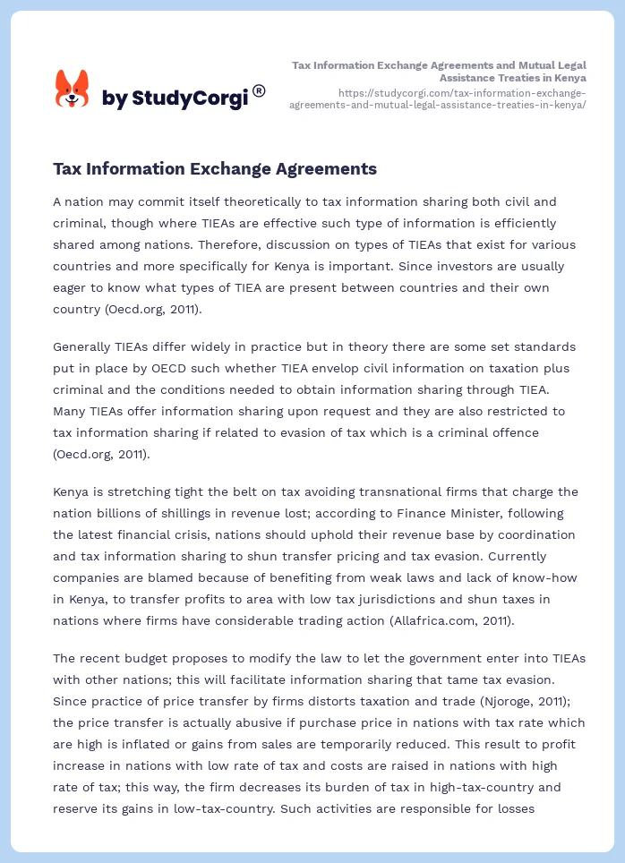 Tax Information Exchange Agreements and Mutual Legal Assistance Treaties in Kenya. Page 2