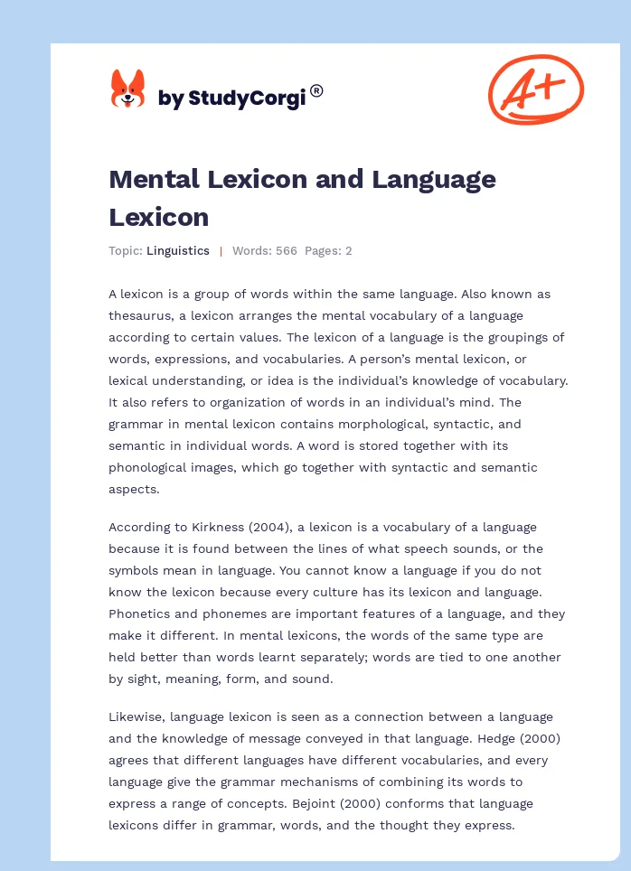 Mental Lexicon and Language Lexicon. Page 1