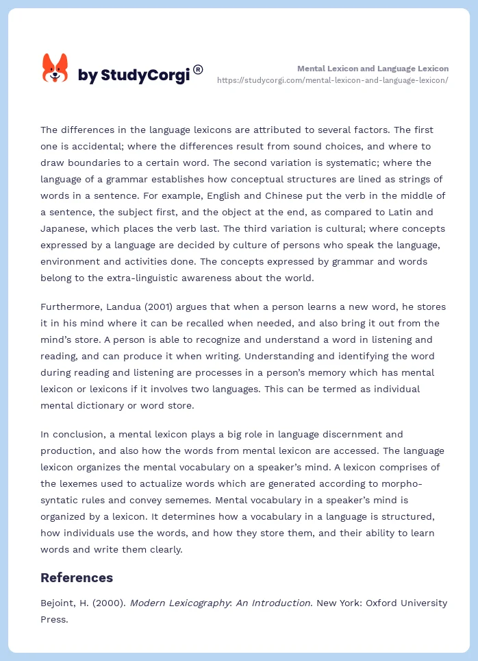 Mental Lexicon and Language Lexicon. Page 2