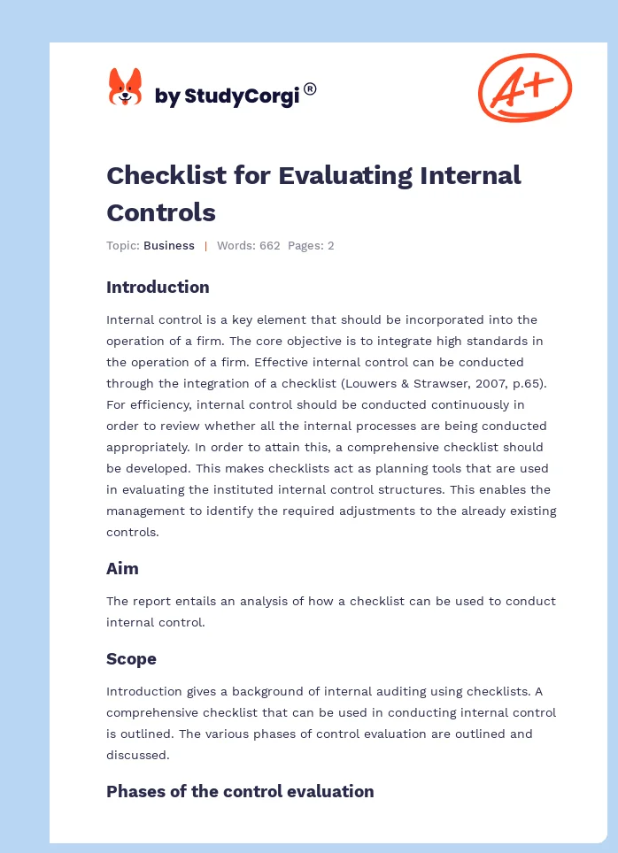 Checklist for Evaluating Internal Controls. Page 1