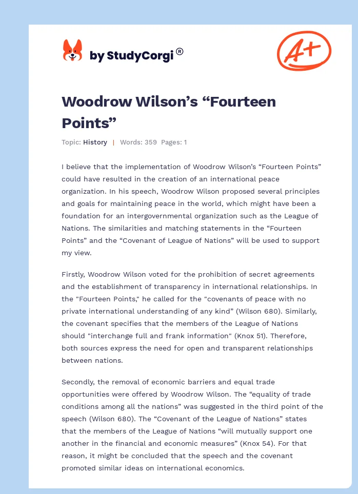 Woodrow Wilson’s “Fourteen Points”. Page 1
