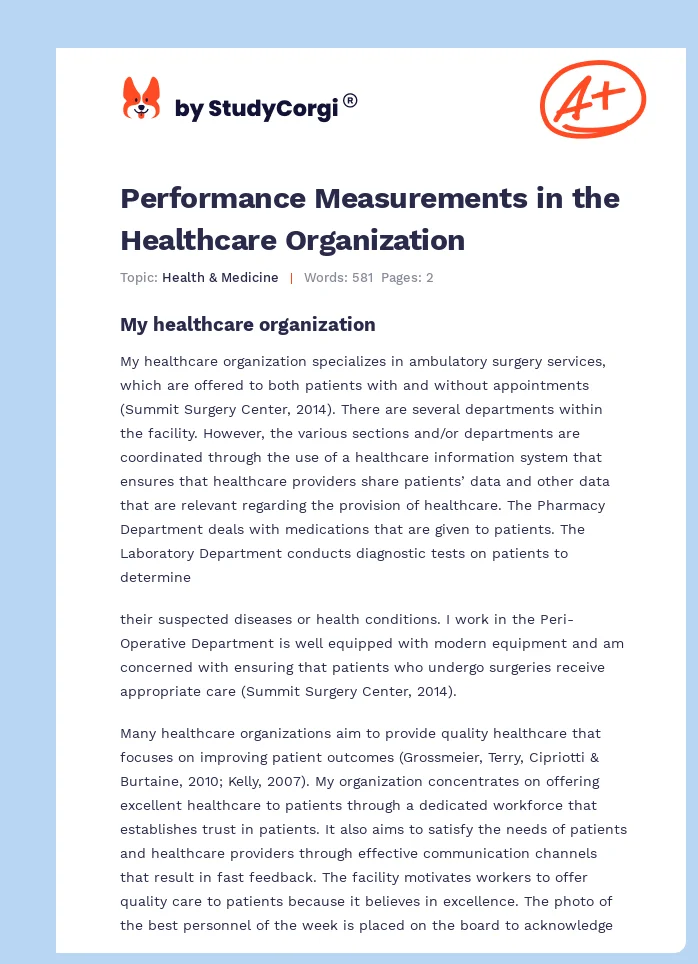Performance Measurements in the Healthcare Organization. Page 1