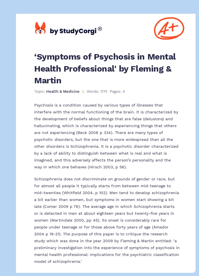 ‘Symptoms of Psychosis in Mental Health Professional' by Fleming & Martin. Page 1